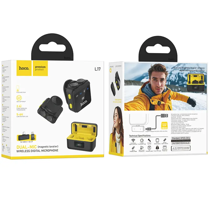 Петличний бездротовий мікрофон Hoco L17 Dual-mic magnetic (Lightning/Type-C), Black 5, купити оптом з доставкою