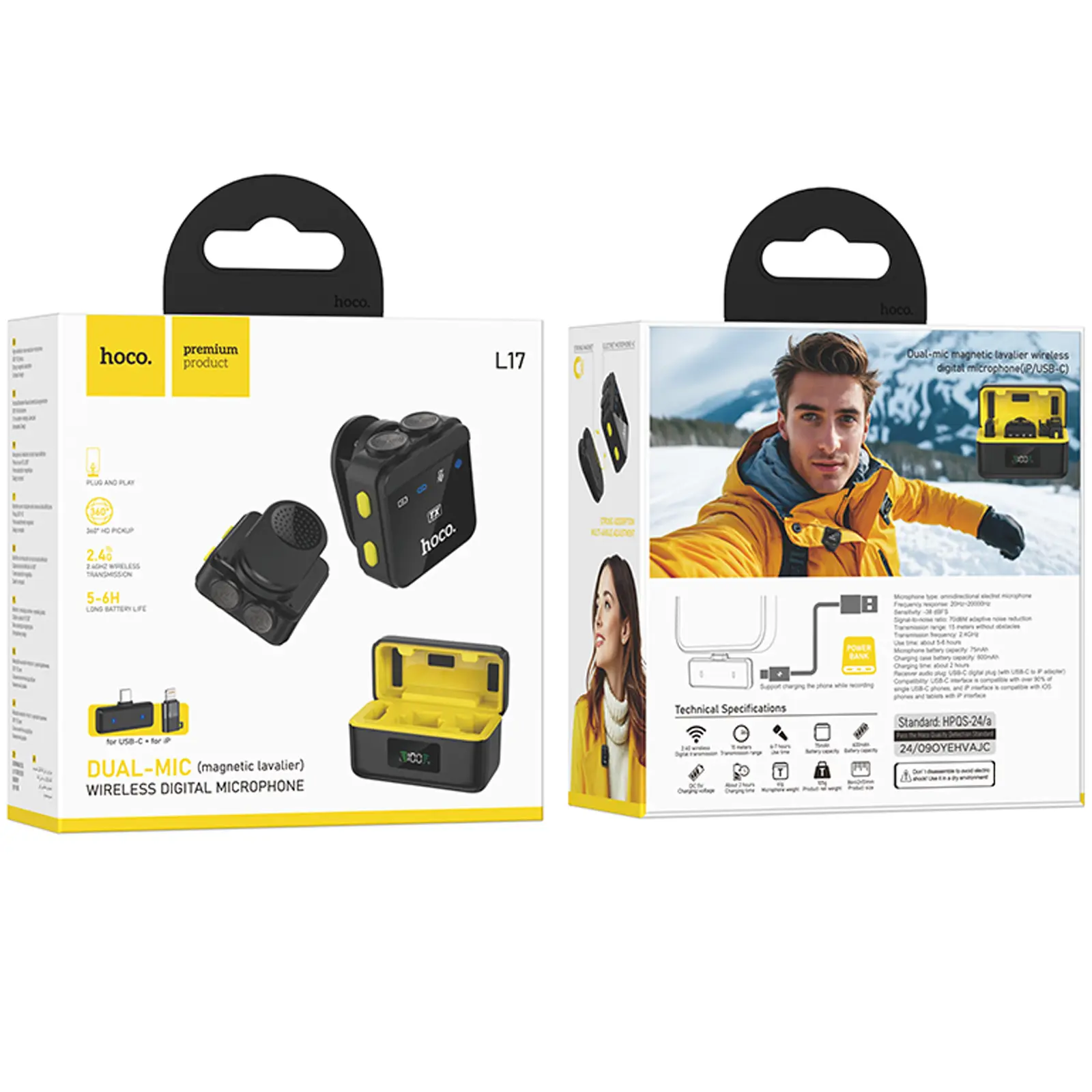 Петличний бездротовий мікрофон Hoco L17 Dual-mic magnetic (Lightning/Type-C), Black 5, купити оптом з доставкою