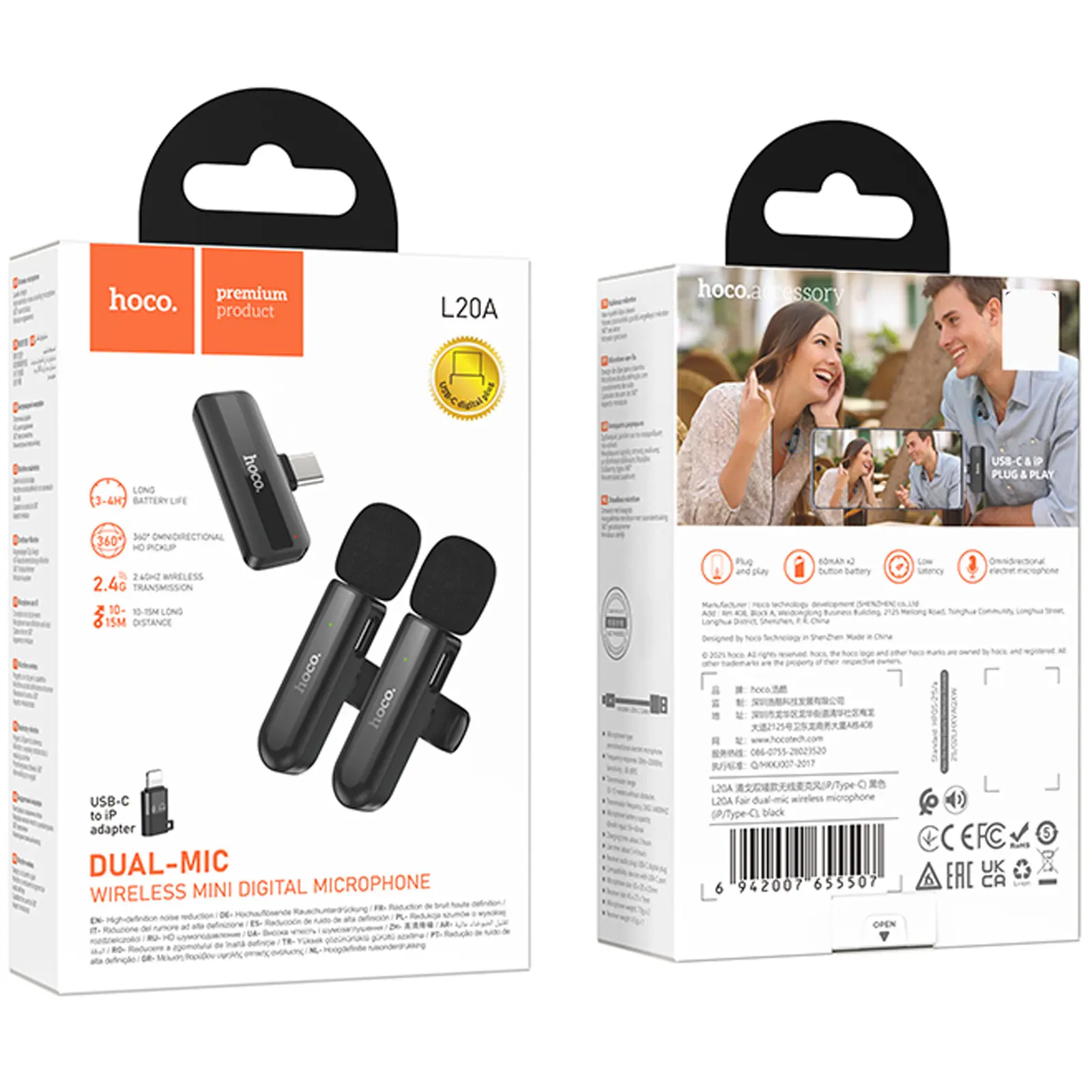 Петличний бездротовий мікрофон Hoco L20A Mini Voice (Lightning/Type-C) 60 mAh, Black 5, купити оптом з доставкою