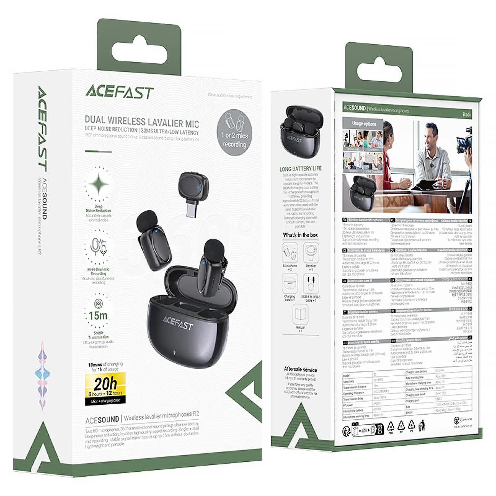 Петличный беспроводной микрофон Acefast R2 Dual-mic Type-C, Black 4, купить оптом с доставкой