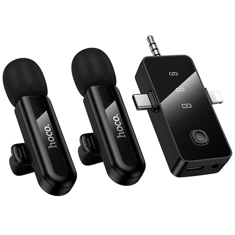 Петличный беспроводной микрофон Hoco L20C Fair dual-mic 3in1 (Lightning/Type-C/3.5) на картинке №1