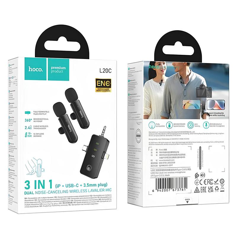 Петличный беспроводной микрофон Hoco L20C Fair dual-mic 3in1 (Lightning/Type-C/3.5) на картинке №2