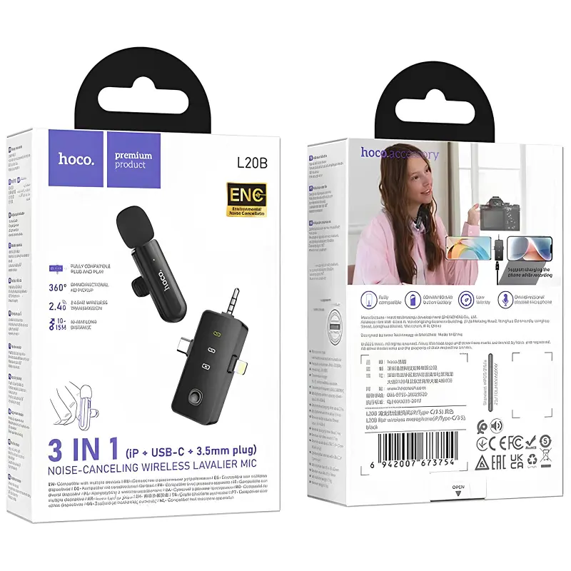 Петличный беспроводной микрофон Hoco L20B Fair 3in1 (Lightning/Type-C/3.5), Black 3, купить оптом с доставкой