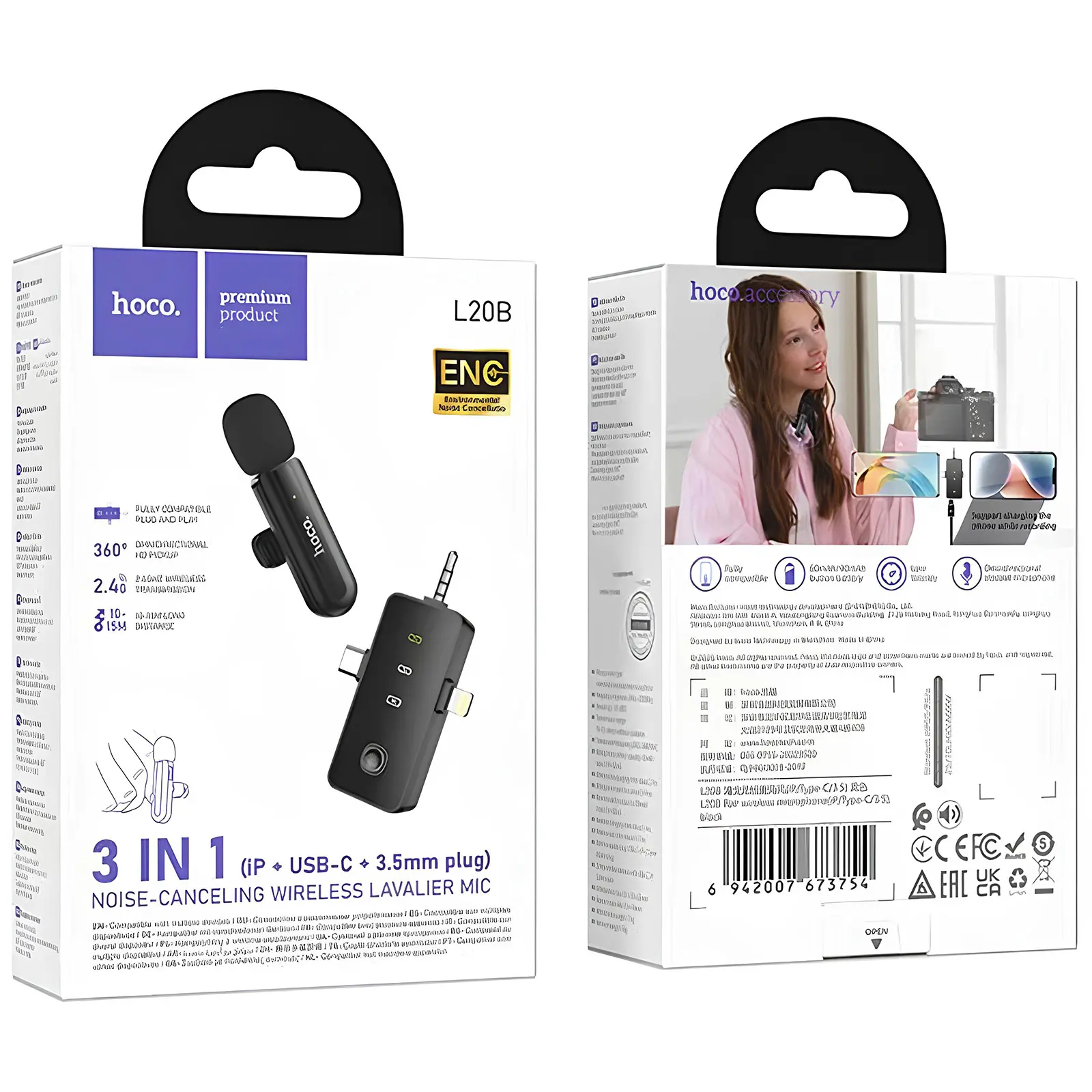 Петличный беспроводной микрофон Hoco L20B Fair 3in1 (Lightning/Type-C/3.5), Black 3, купить оптом с доставкой