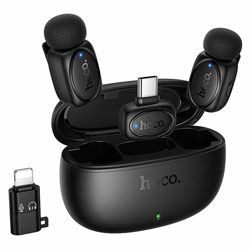 Петличний бездротовий мікрофон Hoco L19 Graceful dual-mic 2in1 (Lightning/Type-C), Black, купити оптом з доставкою