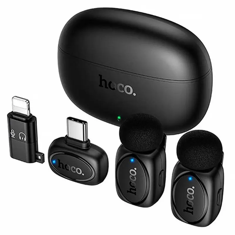 Петличний бездротовий мікрофон Hoco L19 Graceful dual-mic 2in1 (Lightning/Type-C), Black 1, купити оптом з доставкою