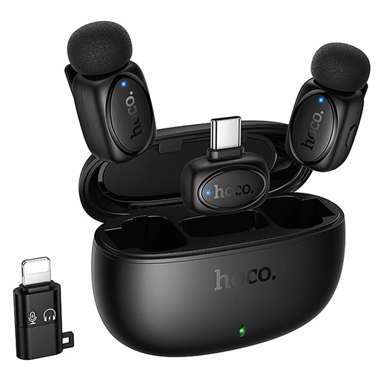 Петличний бездротовий мікрофон Hoco L19 Graceful dual-mic 2in1 (Lightning/Type-C), Black, купити оптом з доставкою