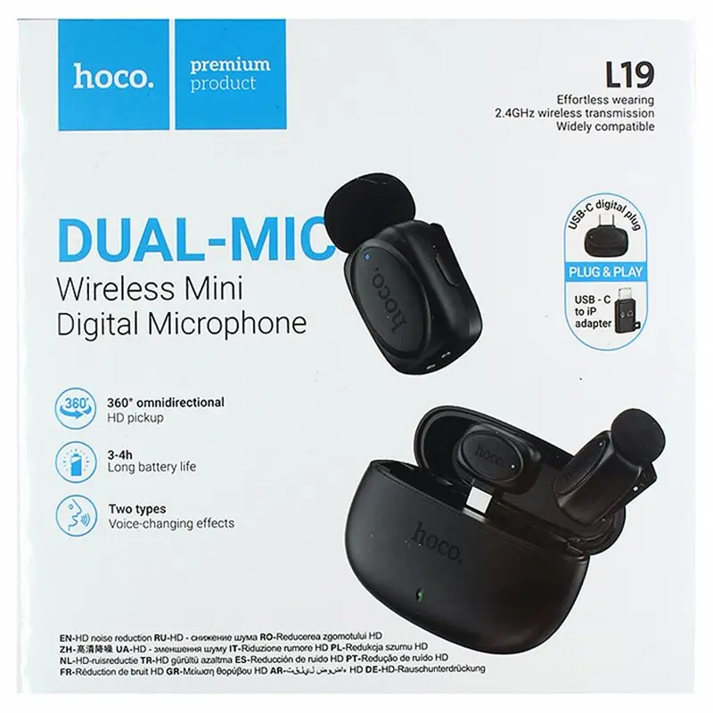 Петличний бездротовий мікрофон Hoco L19 Graceful dual-mic 2in1 (Lightning/Type-C), Black 5, купити оптом з доставкою