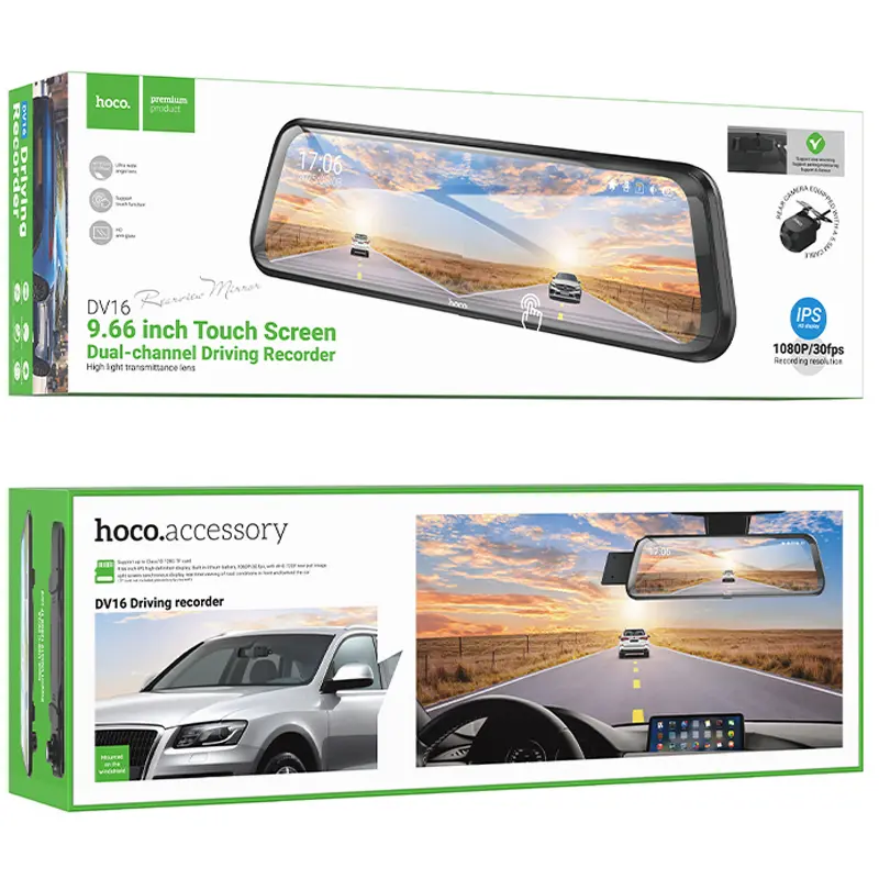 Автомобильный видеорегистратор зеркало Hoco DV16 Dual-Channel Driving Recorder 1080p+720p, Black 5, купить оптом с доставкой