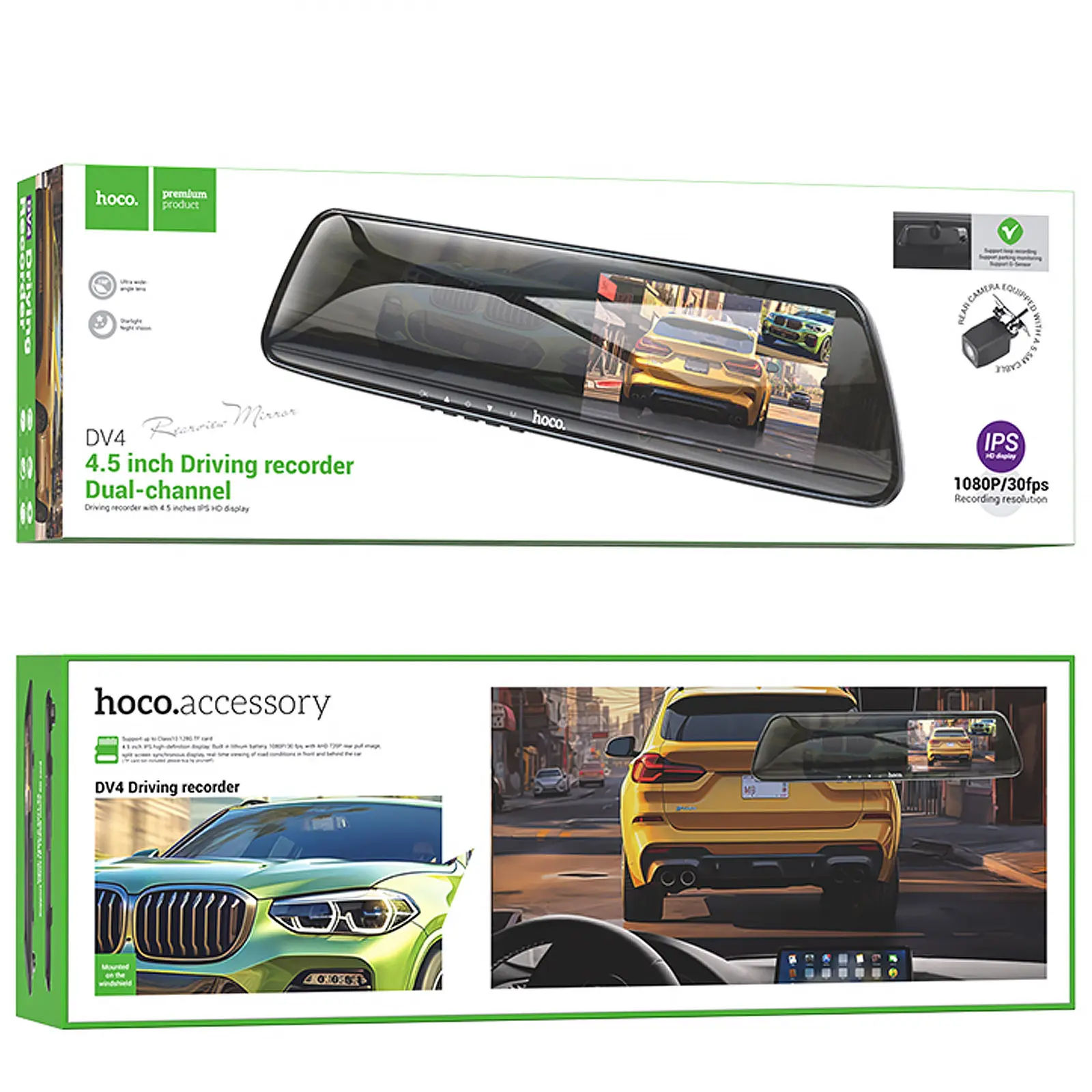 Автомобильный видеорегистратор зеркало Hoco DV4 4.5-inch display with rear camera (1080P+720P), Iron gray 5, купить оптом с доставкой