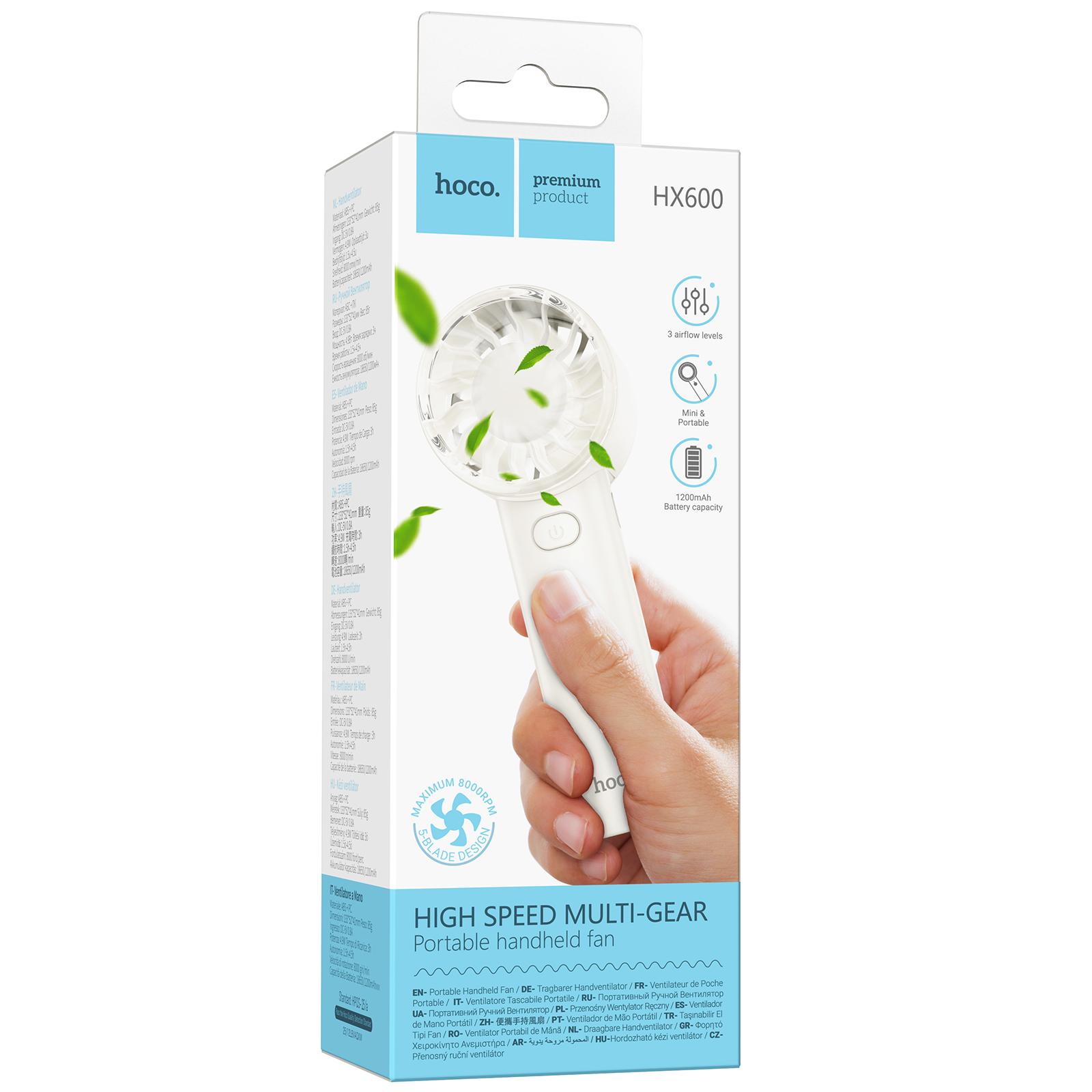 Портативный вентилятор Hoco HX600 handheld folding fan 1200 mAh, White 1, купить оптом с доставкой