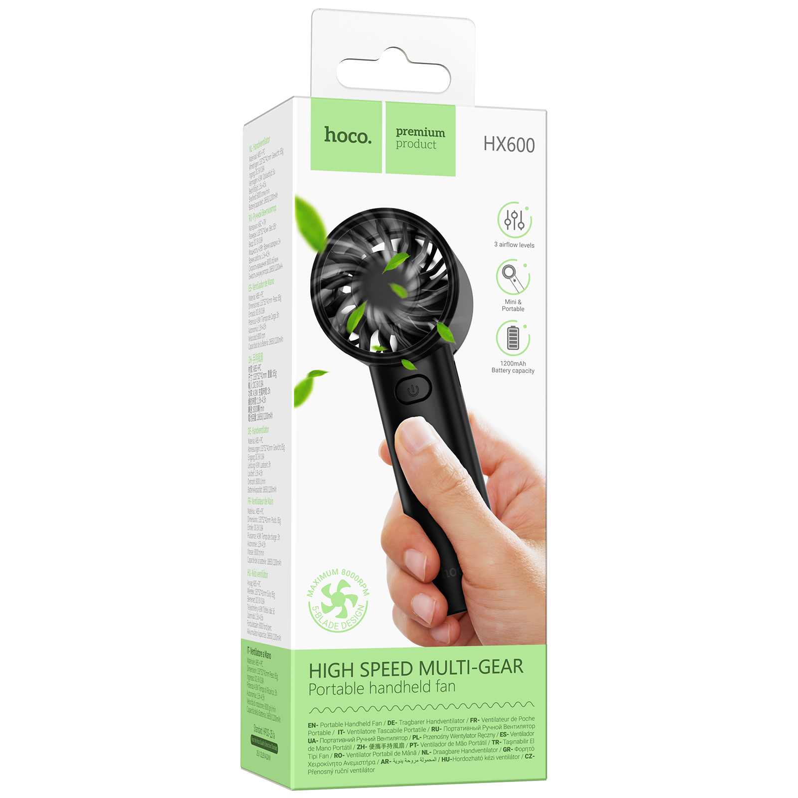 Портативный вентилятор Hoco HX600 handheld folding fan 1200 mAh, Black 1, купить оптом с доставкой
