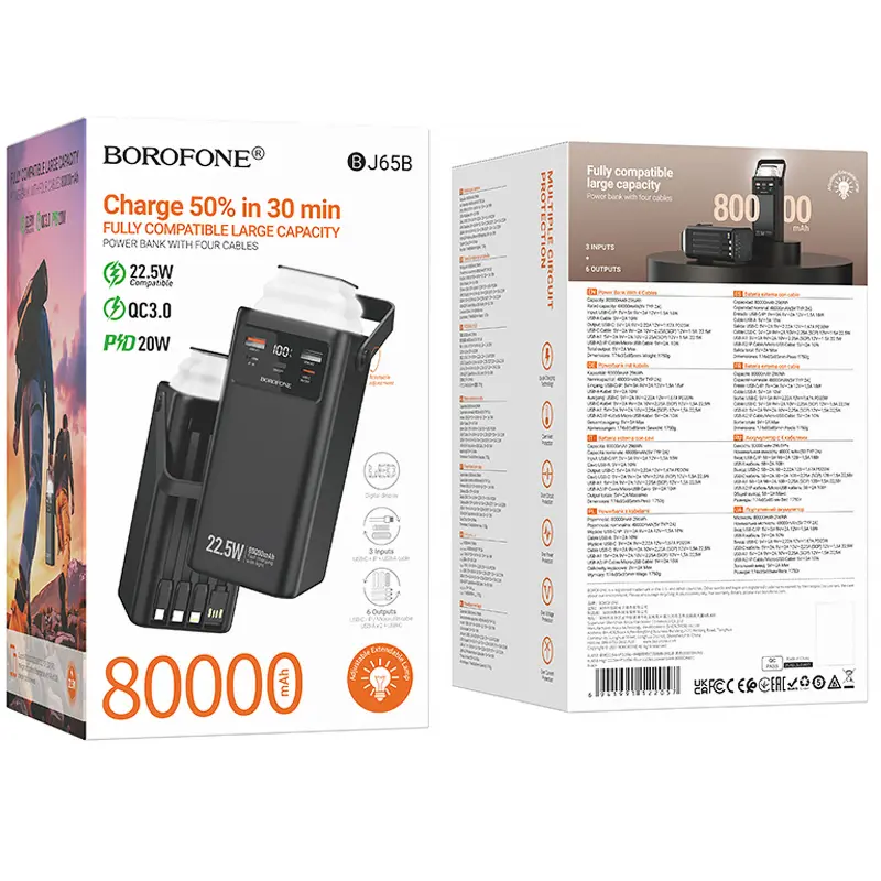 Портативное ЗУ Power Bank Borofone BJ65B High 22.5W+PD20W with cable 80000 mAh, Black 1, купить оптом с доставкой