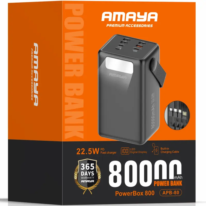 Портативное ЗУ Power Bank Amaya APB-80 22.5W flashlight with cable 80000 mAh, Black 1, купить оптом с доставкой