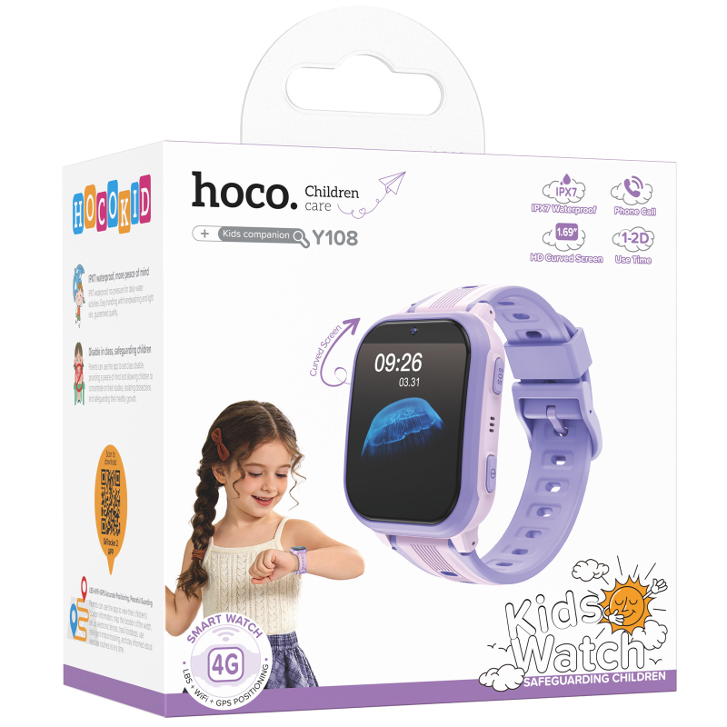 Дитячий cмарт-годинник Hoco Y108 4G with call function, Purple 2, купити оптом з доставкою