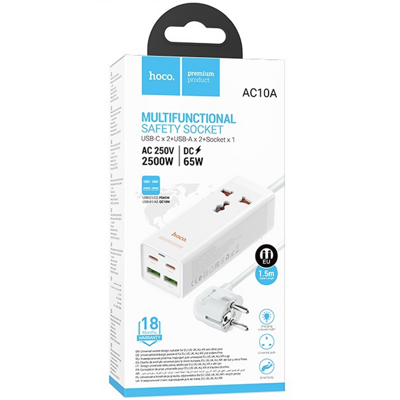 Удлинитель Hoco AC10A Talent PD65W+QC3.0 (2USB-A/2C/1xSocket) (1.5m) на картинке №5