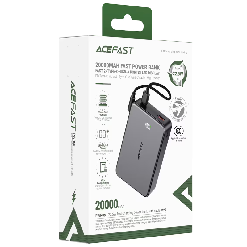 Портативное ЗУ Power Bank Acefast M29 22.5W with cable 20000 mAh, Black 4, купить оптом с доставкой