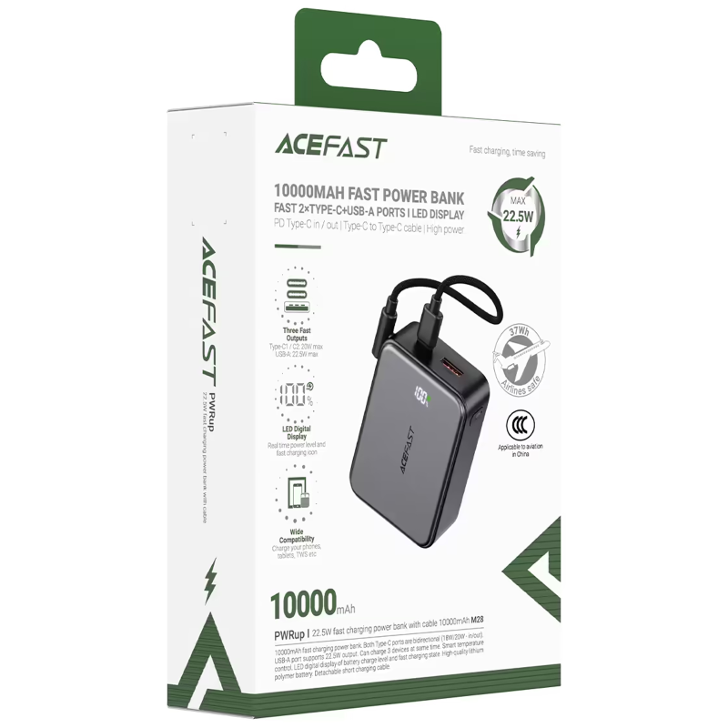Портативное ЗУ Power Bank Acefast M28 22.5W with cable 10000 mAh, Black 4, купить оптом с доставкой