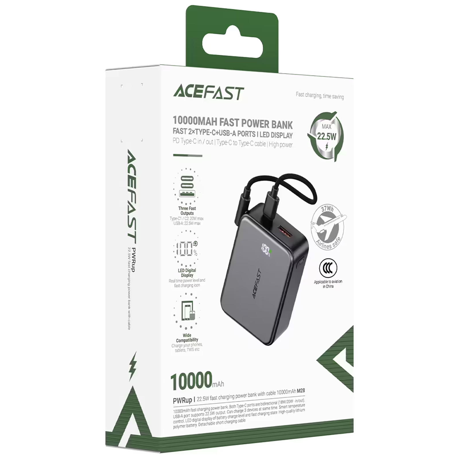 Портативное ЗУ Power Bank Acefast M28 22.5W with cable 10000 mAh, Black 4, купить оптом с доставкой