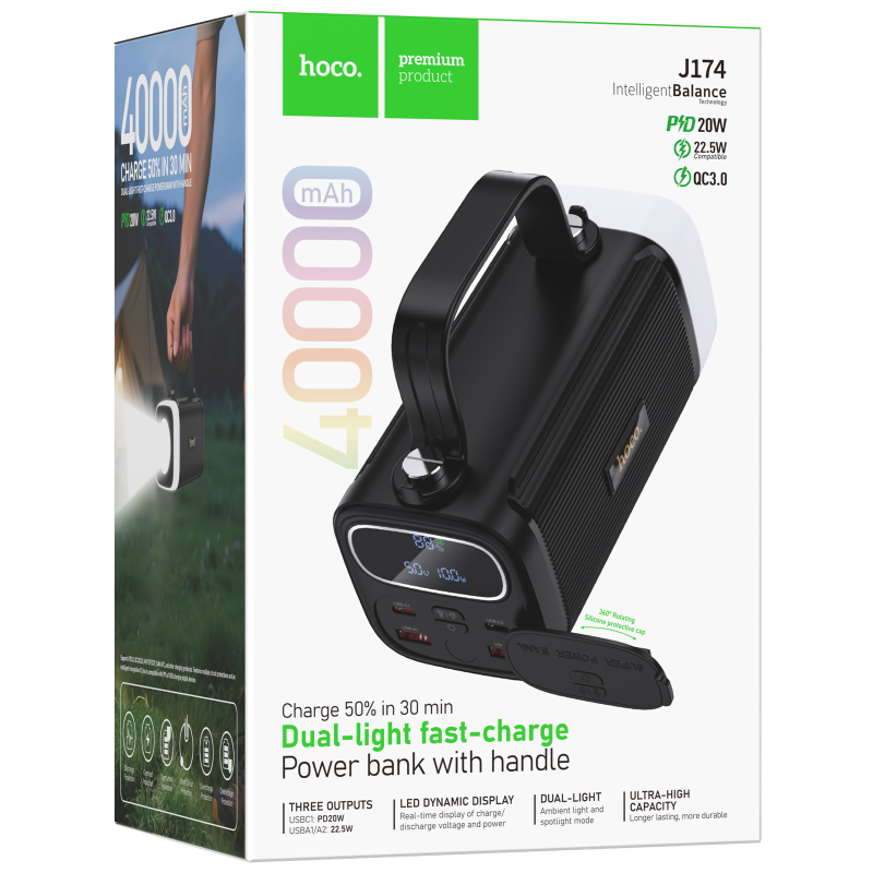 Портативное ЗУ Power Bank Hoco J174 Unimpeded 22.5W+PD20W dual lighting 40000 mAh, Black 1, купить оптом с доставкой