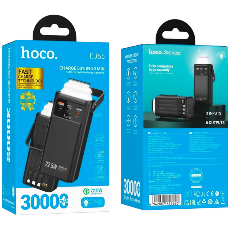 Портативное ЗУ Power Bank Hoco EJ65 High 22.5W+PD20W with cable 30000 mAh, Black 4, купить оптом с доставкой