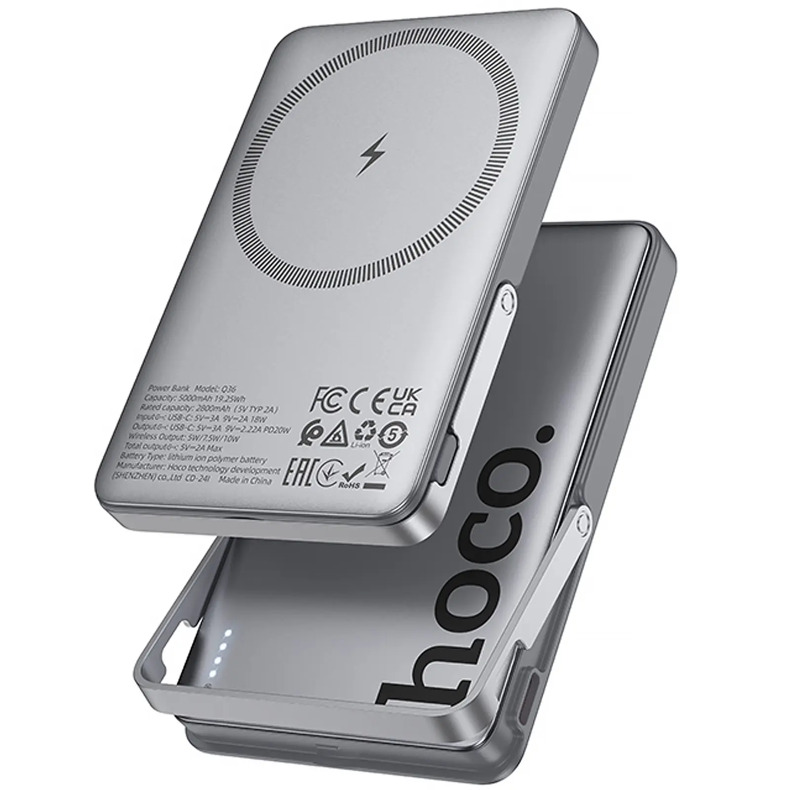 Портативное ЗУ Power Bank Hoco Q36 Sunlight magnetic suction+holder PD20W с БЗУ 5000 mAh, Metal grey, купить оптом с доставкой
