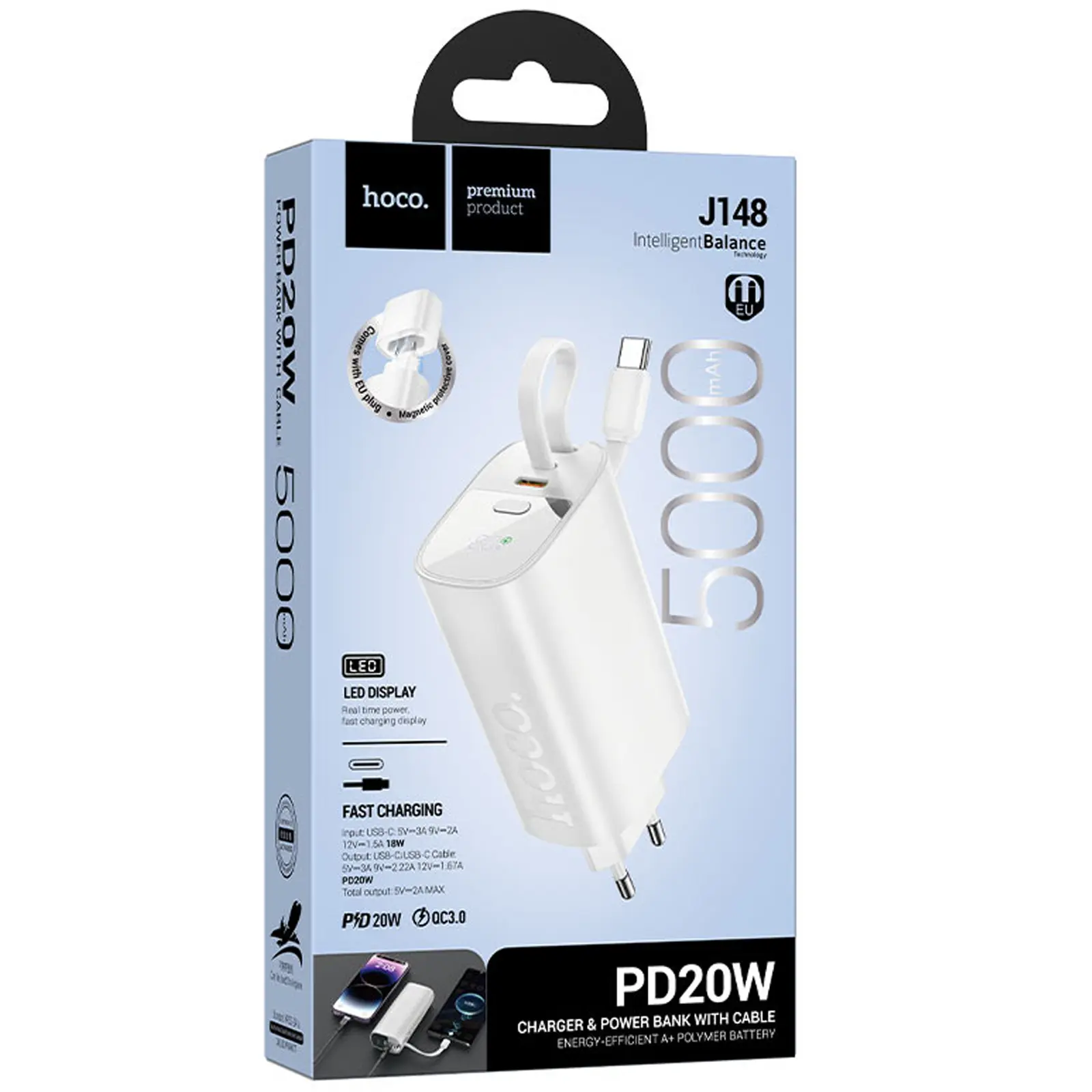 Портативное ЗУ Power Bank Hoco J148 Handy PD20W with cable 5000 mAh, White 2, купить оптом с доставкой