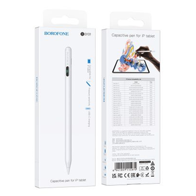 Уценка Стилус Borofone BG101 Active capacitive pen with digital display for iPad, Вскрытая упаковка / White 1, купить оптом с доставкой