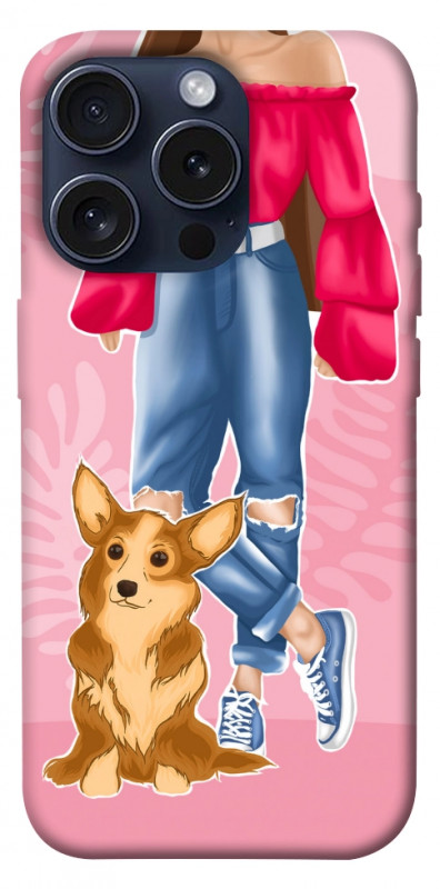 Чехол itsPrint Girl and corgi для Apple iPhone 15 Pro (6.1"), lifestyle, купить оптом с доставкой