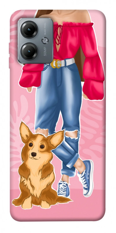 Чехол itsPrint Girl and corgi для Motorola Moto G14, lifestyle, купить оптом с доставкой