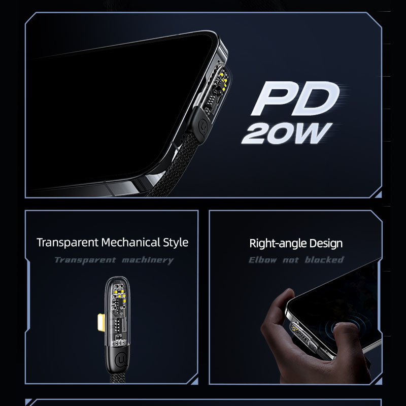 Дата кабель USAMS US-SJ586 Type-C to Lightning PD 20W Right-angle (2m) на малюнкі №2