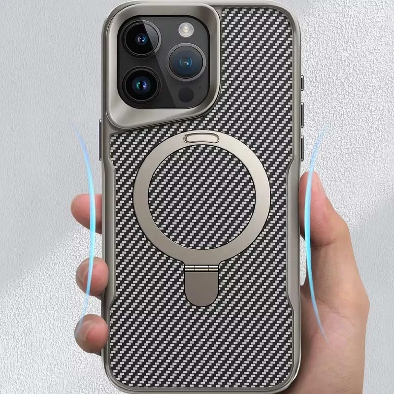 TPU+PC чехол Metal Buttons with MagSafe Carbon Ring для Apple iPhone 15 Pro Max (6.7"), Серый 1, TPU+PC, купить оптом с доставкой