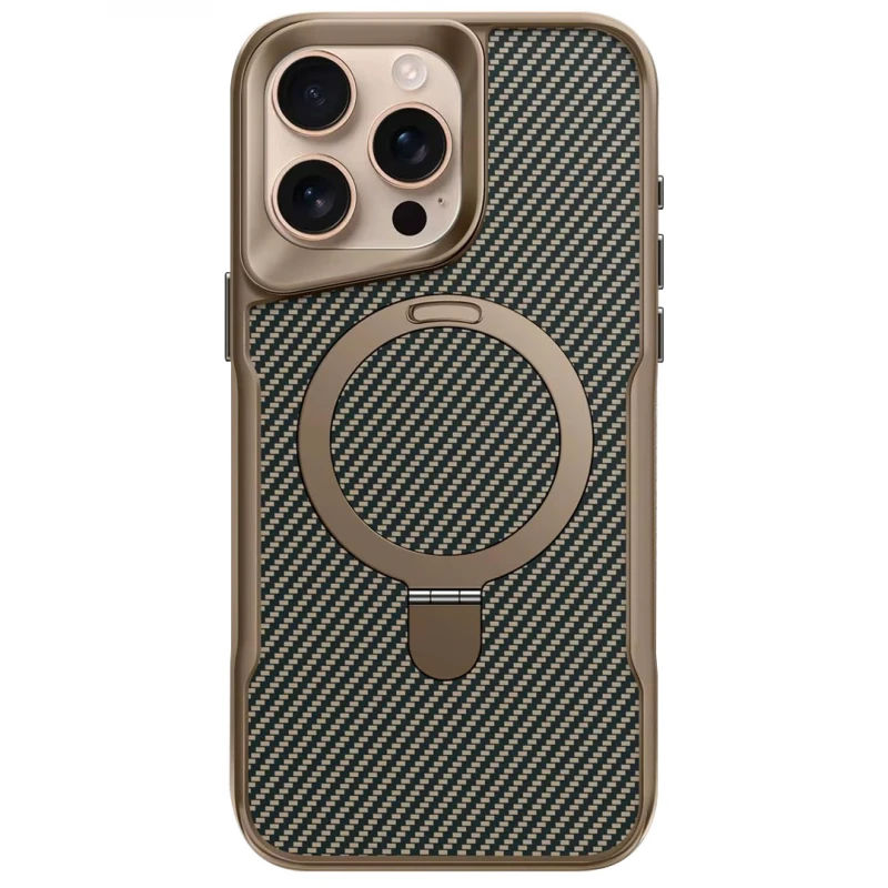 TPU+PC чехол Metal Buttons with MagSafe Carbon Ring для Apple iPhone 15 Pro Max (6.7"), Золотой, TPU+PC, купить оптом с доставкой