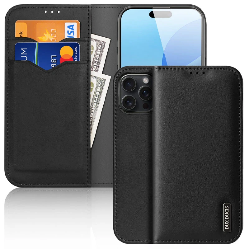 Уценка Чехол-книжка Dux Ducis Hivo для Apple iPhone 16 Pro (6.3"), Эстетический дефект / Black 1, Искусственная кожа, купить оптом с доставкой