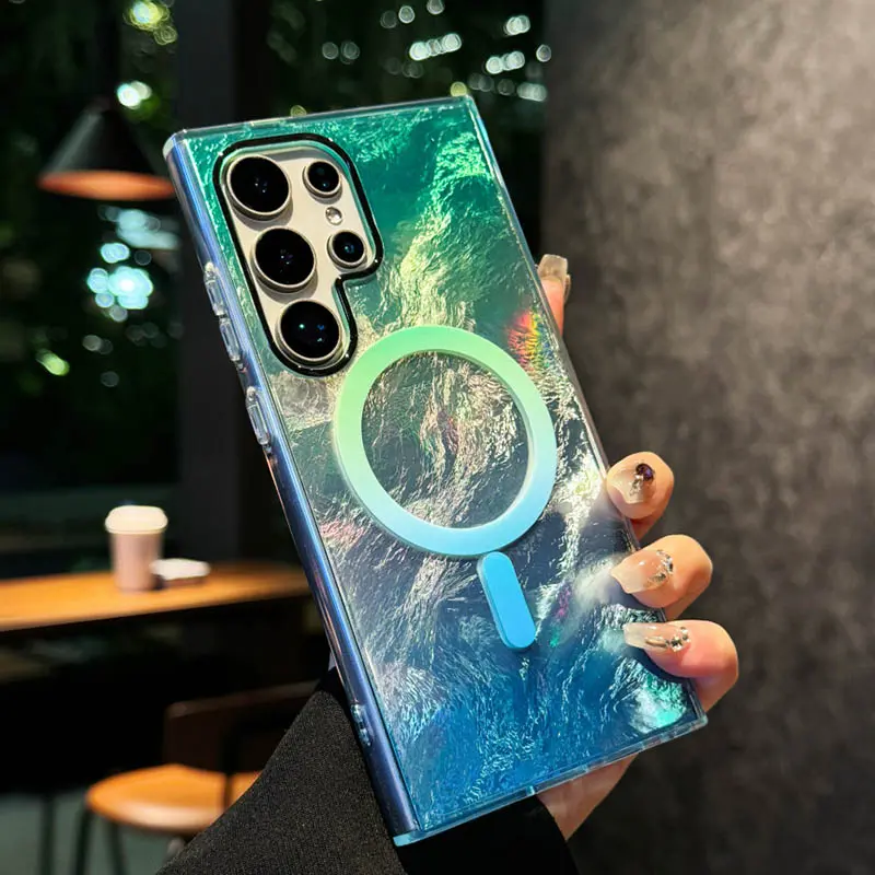 Чехол TPU Shiny Mountain Magnetic Fit для Samsung Galaxy S25 Ultra, Green / Blue 2, TPU, купить оптом с доставкой