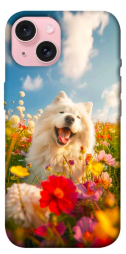 Чехол itsPrint Happy dog in flowers для Apple iPhone 15 (6.1")
