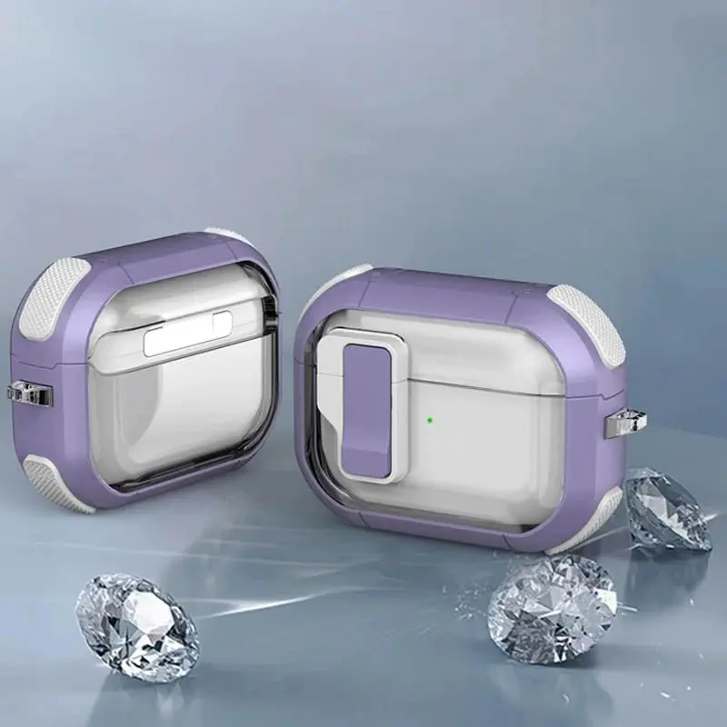 Уцінка Футляр протиударний Locking Button для навушників Airpods Pro, Пошкоджена упаковка / Light Purple 3, Пластик, купити оптом з доставкою