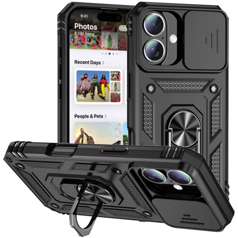 Противоударный чехол Ummi Camshield Serge Ring для Apple iPhone 16 (6.1) | Бронированый с кольцом-подставкой на картинке №1