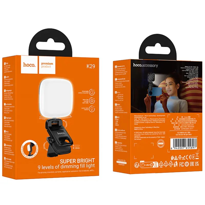 Портативная лампа для селфи Hoco K29 Beauty Selfie Light 300 mAh, Black 1, купить оптом с доставкой