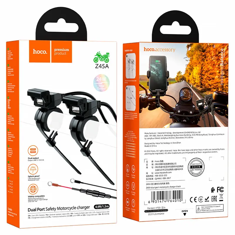 АЗП Hoco Z45A 2.4A для мотоцикла (2USB-A), Black 4, купити оптом з доставкою