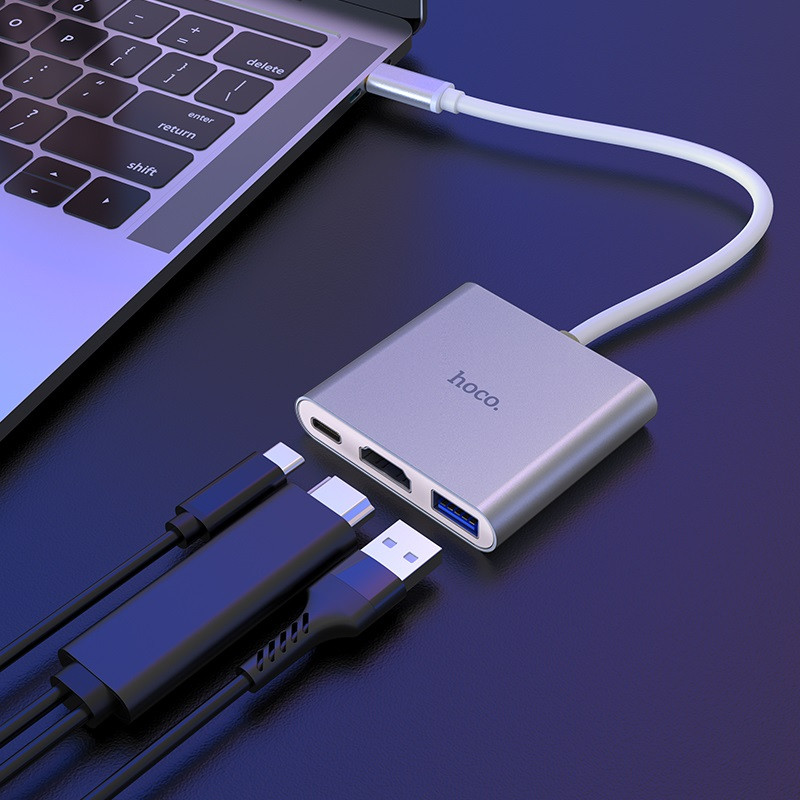 Перехідник HUB Hoco HB14 Type-C to USB3.0+HDMI+PD, Сталевий 6, купити оптом з доставкою