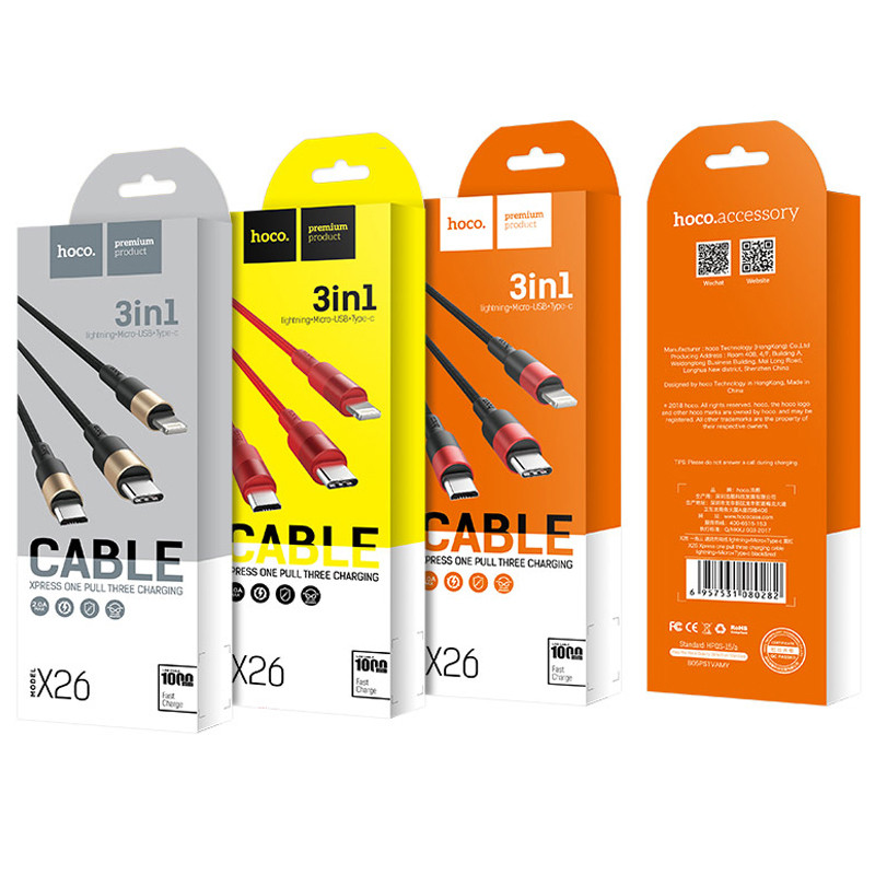 Дата кабель Hoco X26 Xpress 3in1 Lightning -MicroUSB-Type-C (1m) на малюнкі №4