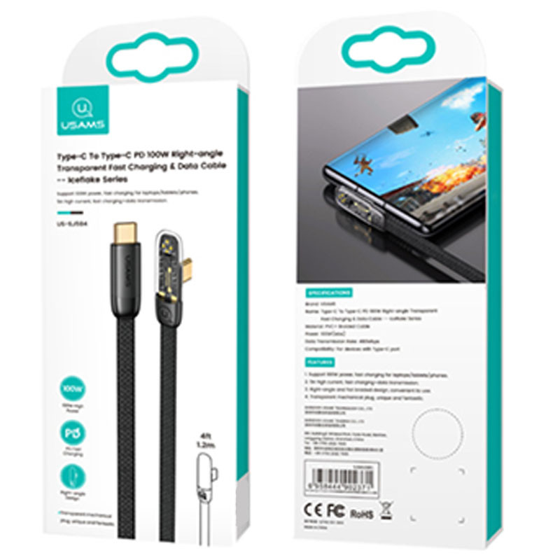 Дата кабель USAMS US-SJ584 Type-C to Type-C PD 100W Right-angle (1.2m) дивитися фото №6