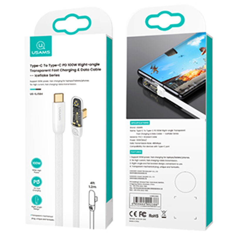 Дата кабель USAMS US-SJ587 Type-C to Type-C PD 100W Right-angle (2m) Зображення №3 Дата кабель USAMS US-SJ587 Type-C to Type-C PD 100W Right-angle (2m) дивитися фото №3