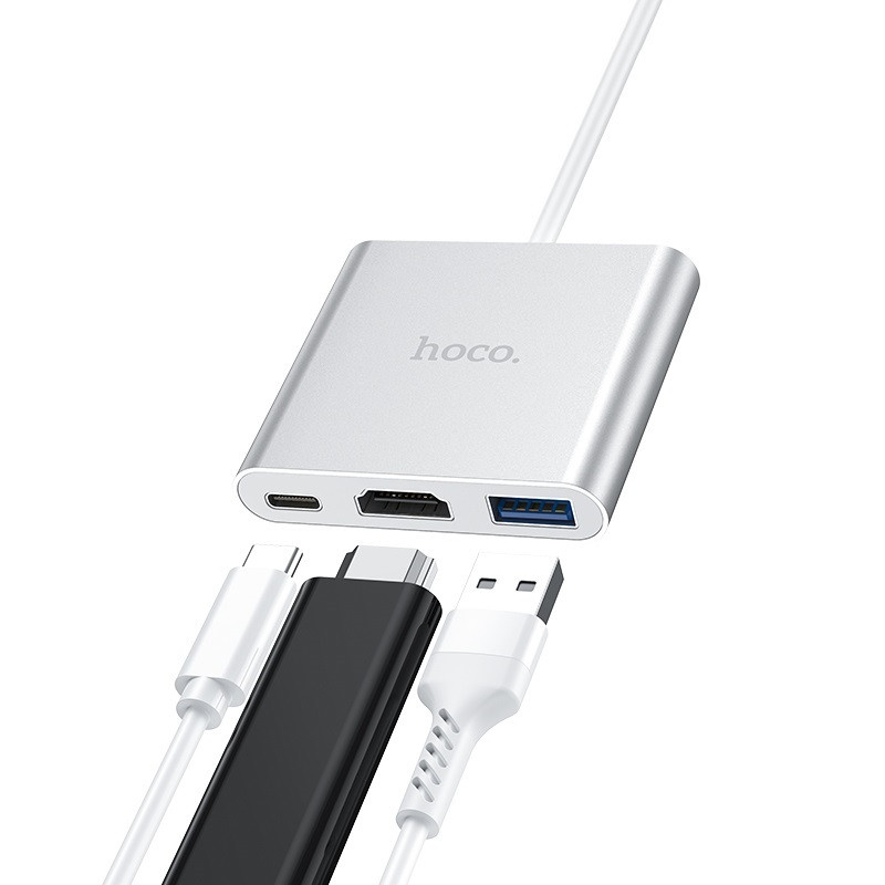 Перехідник HUB Hoco HB14 Type-C to USB3.0+HDMI+PD, Сталевий 4, купити оптом з доставкою
